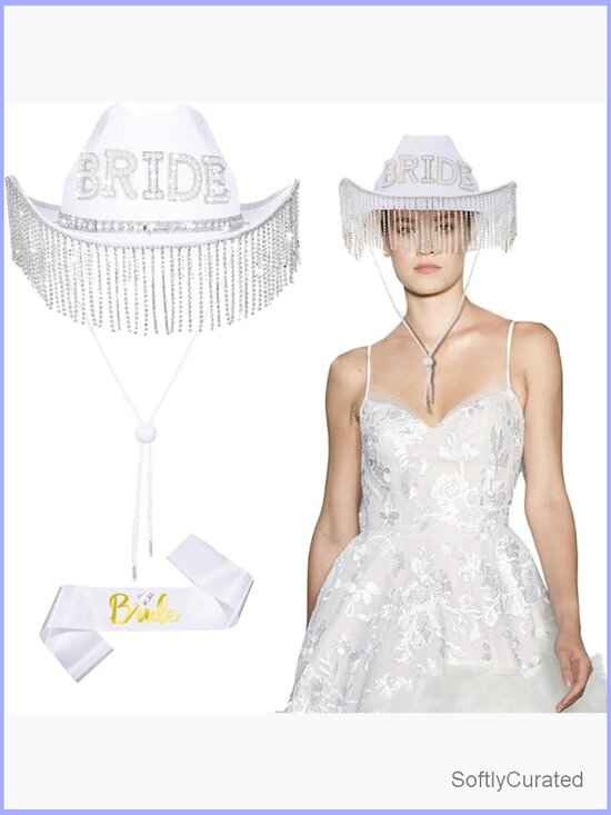 Bride Cowgirl Hat Set with Rhinestone Tassels & Sash for Bachelorette Party main image 5